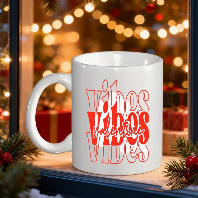 Tailorly White Ceramic 11 oz Mug - Valentine Vibes Retro Stacked Text Typography Design With Vibrant Red For Seasonal Gifting Valentine