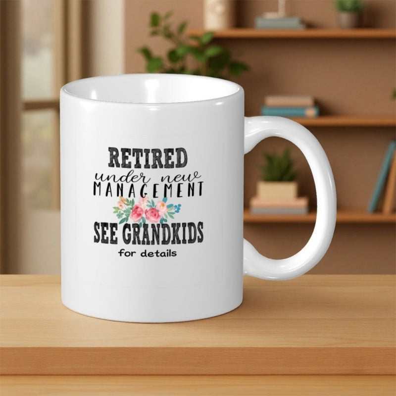 Tailorly White Ceramic 11 oz Mug - Retired Under New Management See Grandkids For Details Soft Blooming Pink Floral Blossoms Surrounded By Delicate Green Garden
