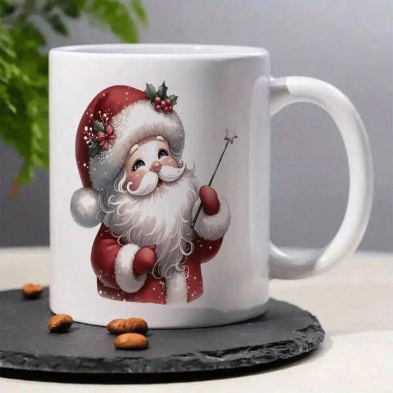 Tailorly White Ceramic 11 oz Mug - Whimsical Vintage Father Christmas Wearing Festive Red Hat Holding Wand Santa Claus