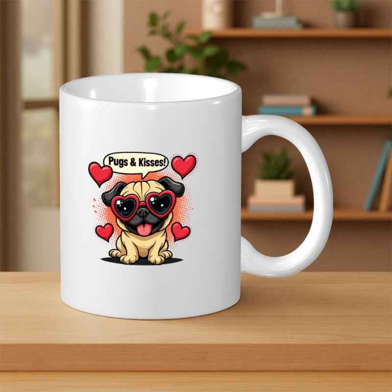 Tailorly White Ceramic 11 oz Mug - Pugs Kisses Adorable Cartoon Dog Wearing Heart Shaped Sunglasses Surrounded By Floating Red Hearts Pug