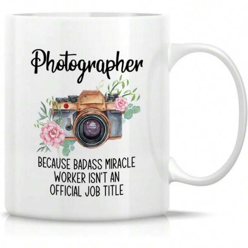Tailorly White Ceramic 11 oz Mug - Photographer Because Badass Miracle Worker Isnt An Official Job Title Vintage Camera Surrounded By Blooming Pink Roses And Green