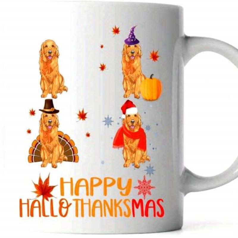 Tailorly White Ceramic 11 oz Mug - Happy Hallothanksmas Four Golden Retrievers Wearing Holiday Outfits Amidst Seasonal Leaves And Snowflakes Golden Retriever