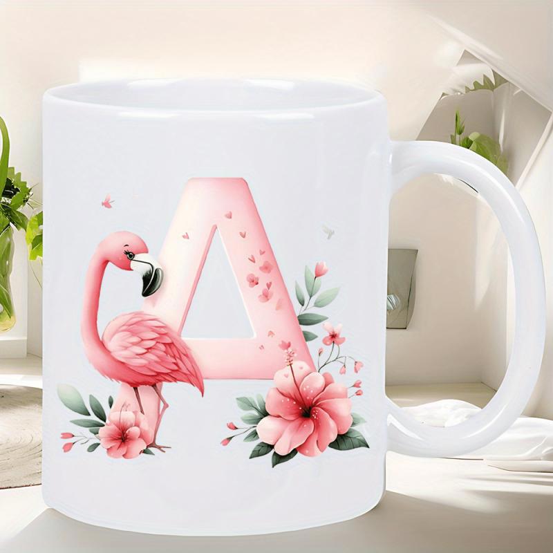 Tailorly White Ceramic 11 oz Mug - A Elegant Pink Bird Surrounded By Tropical Flowers And Lush Green Foliage Flamingo