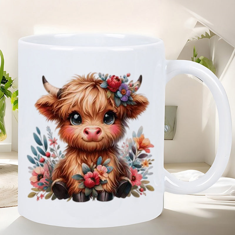 Tailorly White Ceramic 11 oz Mug - Cute Fluffy Highland Calf With Colorful Floral Crown Sitting Among Flowers Cow