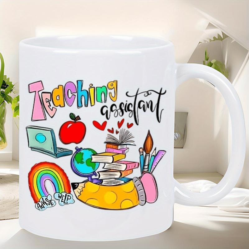 Tailorly White Ceramic 11 oz Mug - Teaching Assistant Colorful Educational Supplies Featuring Books Globe And Rainbow With School Pencil