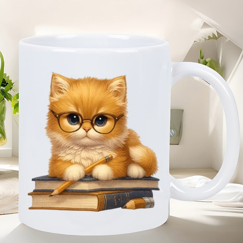 Tailorly White Ceramic 11 oz Mug - Adorable Studious Ginger Kitten Wearing Glasses Resting On Old Stacks Of Books Kitten