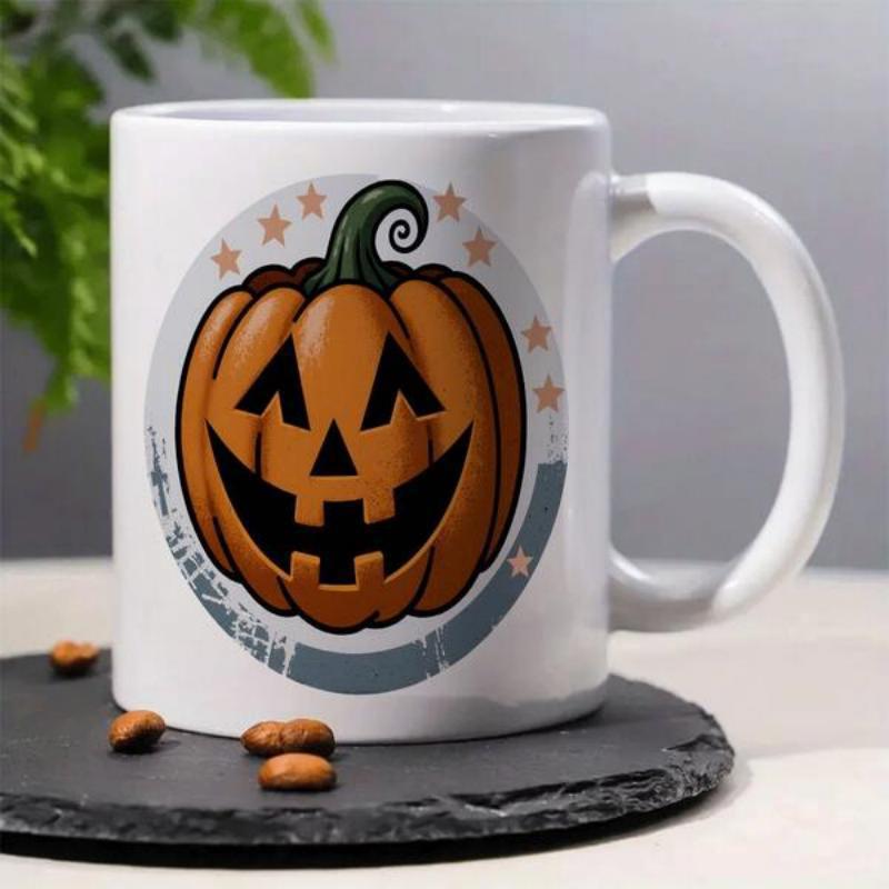 Tailorly White Ceramic 11 oz Mug - Smiling Halloween Carved Orange Graphic With Decorative Stars Around Artistic Pumpkin