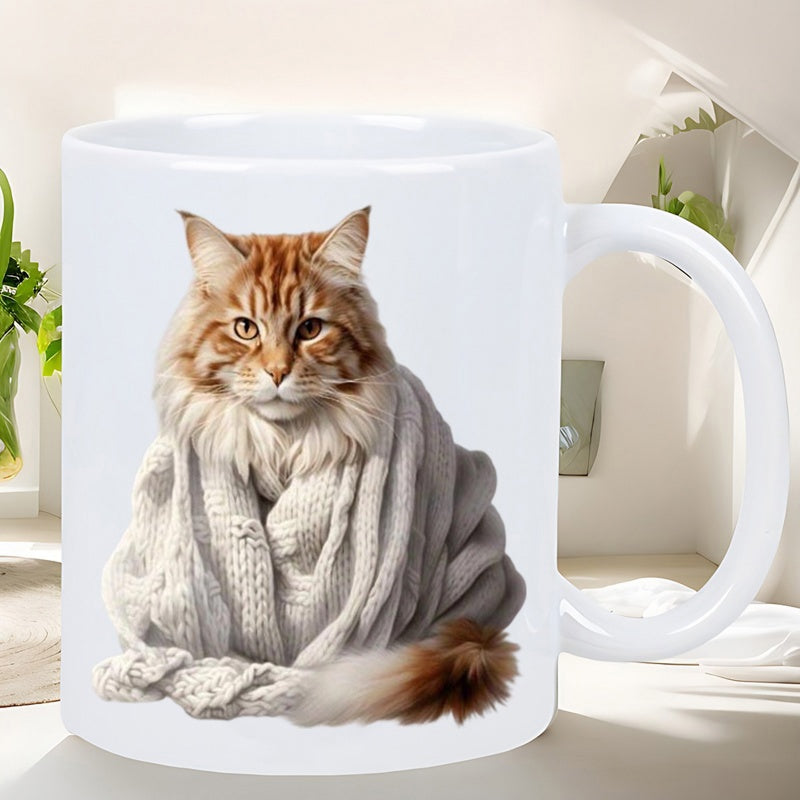 Tailorly White Ceramic 11 oz Mug - Majestic Long Haired Feline Wrapped Comfortably Within A Thick Knitted Blanket Cat