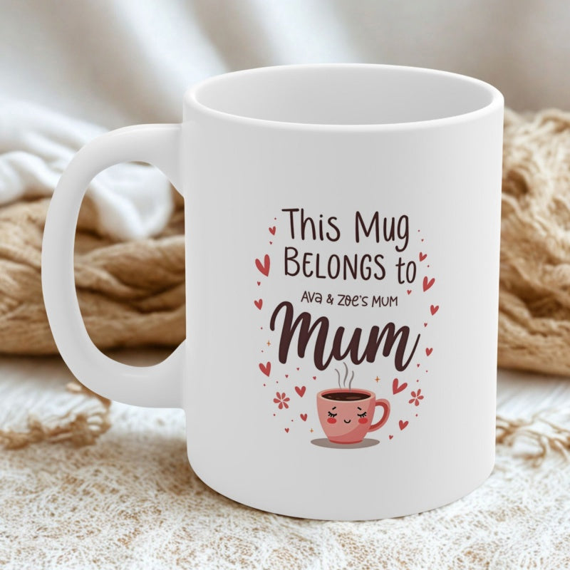 Tailorly White Ceramic 11 oz Mug - This Mug Belongs To Mum Cute Cartoon Coffee Cup With Steam Hearts And Small Flowers Floral Mug