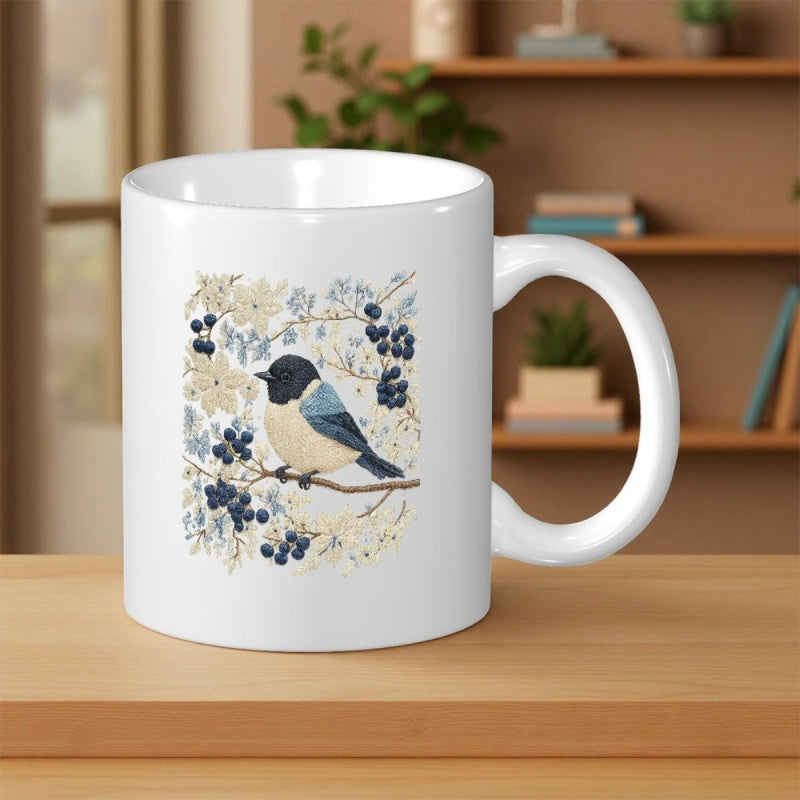Tailorly White Ceramic 11 oz Mug - Graceful Songbird Perched On A Branch With Blue Berries Bird