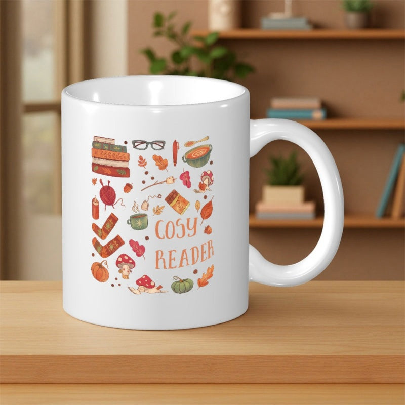 Tailorly White Ceramic 11 oz Mug - Cosy Reader Hand Drawn Autumn Elements With Books And Warm Comfort Items Mug