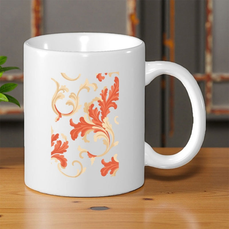 Tailorly White Ceramic 11 oz Mug - Elegant Vintage Orange And Golden Baroque Swirls With Detailed Leafy Foliage