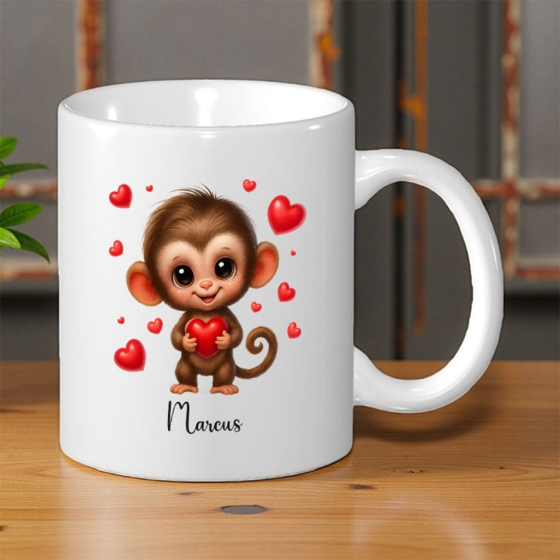 Tailorly White Ceramic 11 oz Mug - Marcus Adorable Tiny Brown Baby Holding A Red Heart Among Floating Hearts Monkey