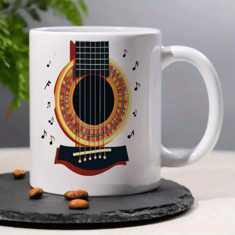 Tailorly White Ceramic 11 oz Mug - Detailed Soundhole With Black Strings Among Dancing Musical Notes Guitar
