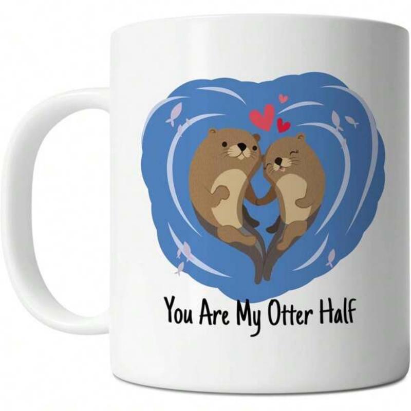 Tailorly White Ceramic 11 oz Mug - You Are My Otter Half Two Adorable Brown Otters Floating Within A Blue Watery Swirl Otter