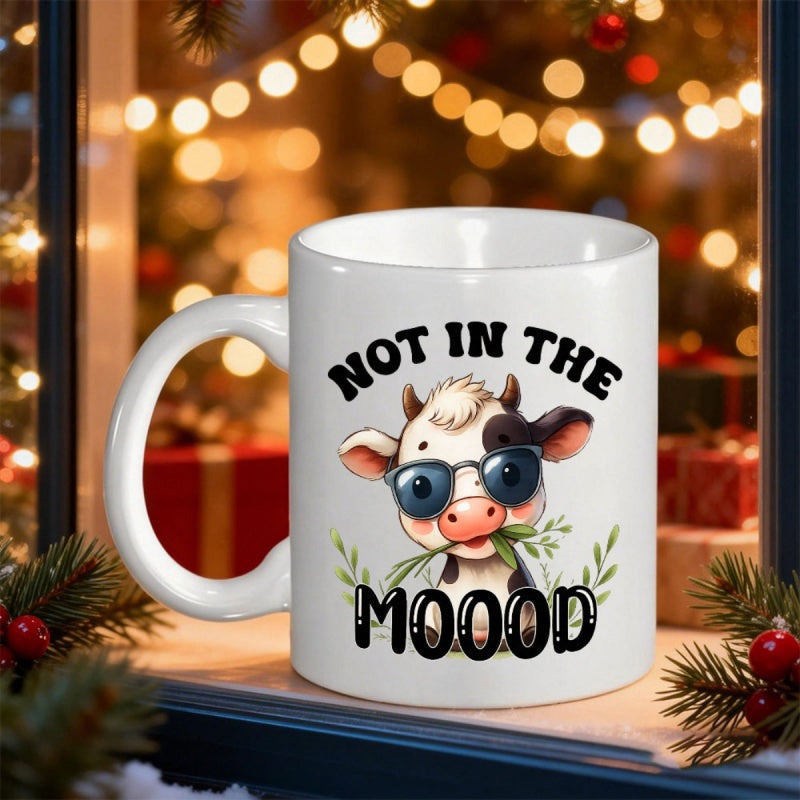 Tailorly White Ceramic 11 oz Mug - Not In The Moood Cute Cartoon Calf Wearing Dark Sunglasses Chewing Green Grass Leaves Cow
