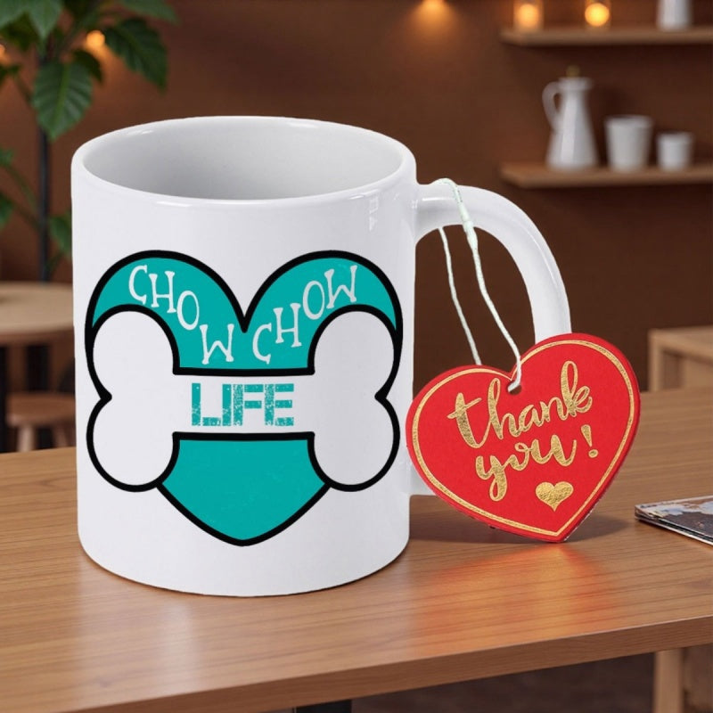 Tailorly White Ceramic 11 oz Mug - Chow Chow Life Thank You Vibrant Teal Color With Minimalist Bone Graphic Design Heart