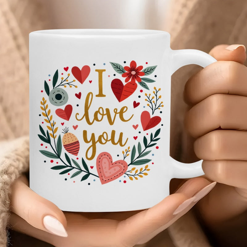 Tailorly White Ceramic 11 oz Mug - I Love You Elegant Decorative Wreath With Vibrant Hearts And Botanical Greenery Leaves Heart