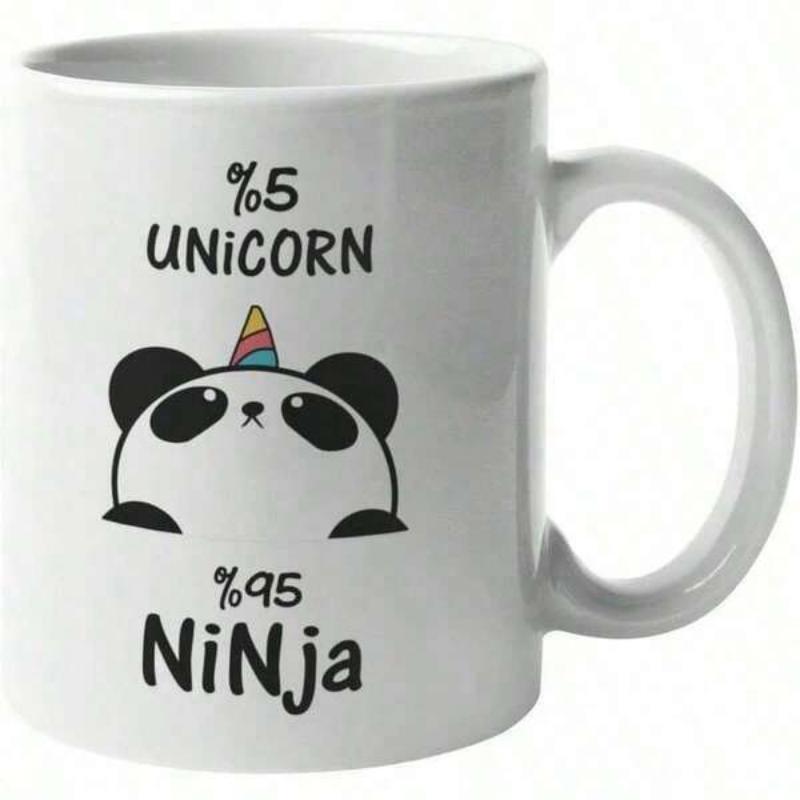 Tailorly White Ceramic 11 oz Mug - Unicorn Ninja Adorable Round Minimalist Panda Wearing A Vibrant Rainbow Horn Panda