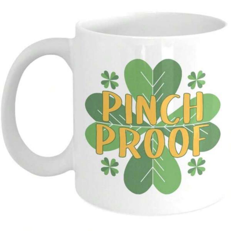 Tailorly White Ceramic 11 oz Mug - Pinch Proof Vibrant Green Shamrock Surrounded By Smaller Lucky Four Leaf Clovers Clover