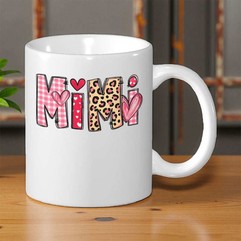Tailorly White Ceramic 11 oz Mug - Mimi Colorful Leopard Print And Pink Checkered Texture With Sweet Hearts Mimi