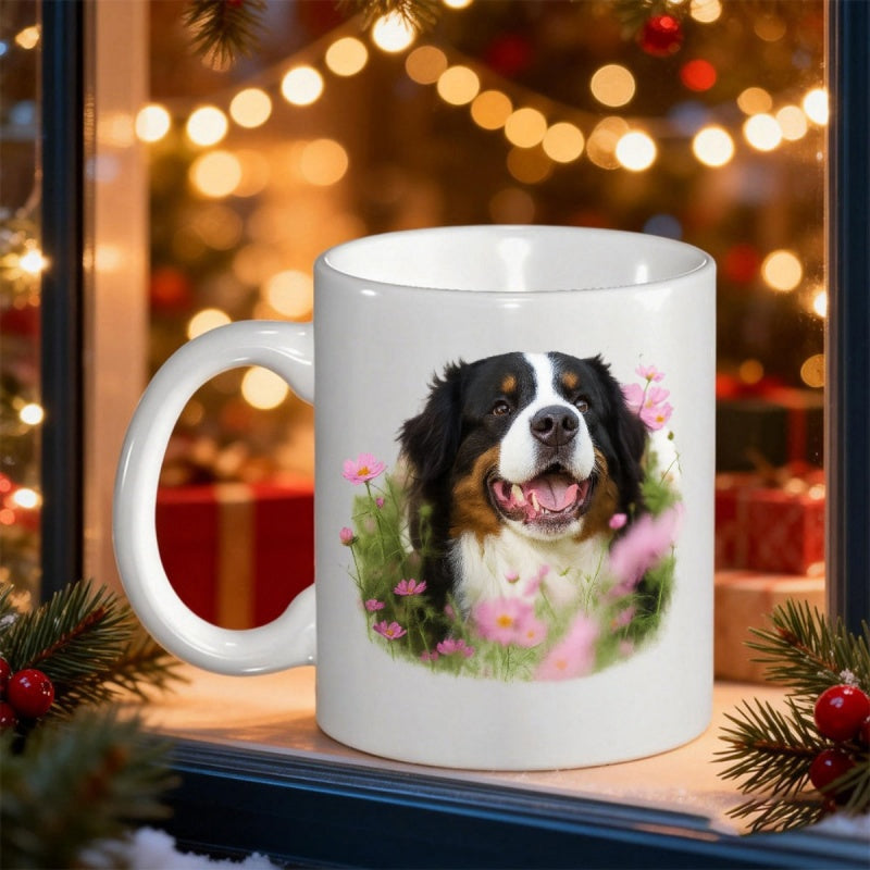 Tailorly White Ceramic 11 oz Mug - Happy Bernese Mountain Dog Smiling Among Soft Pink Blooming Spring Flowers Dog