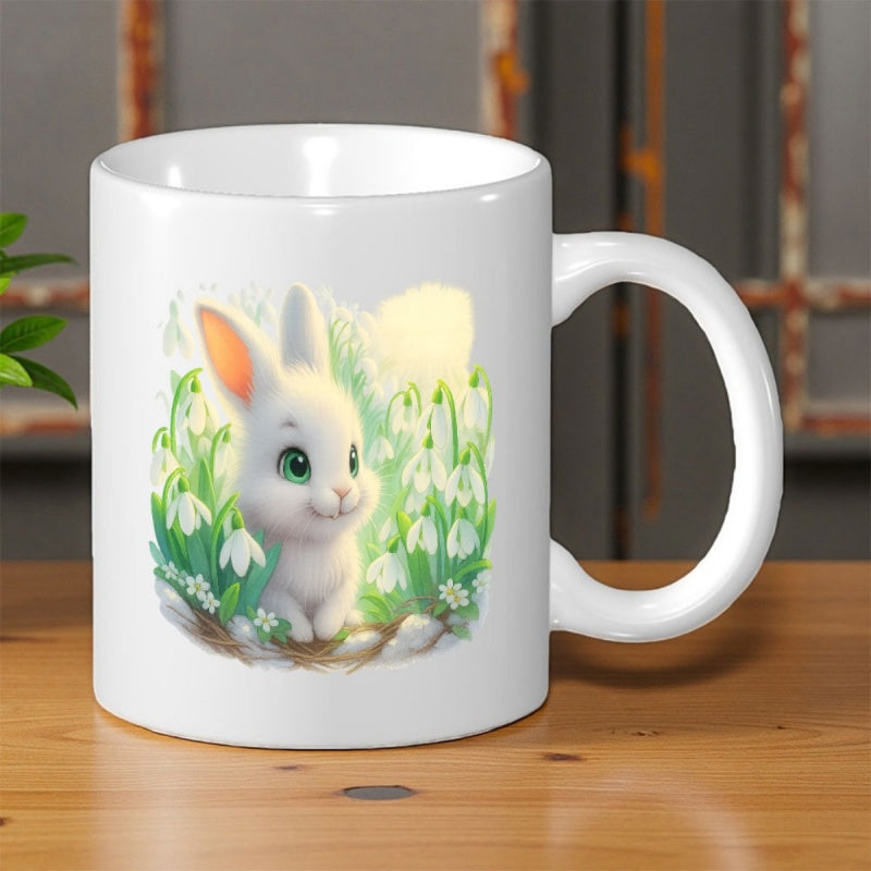 Tailorly White Ceramic 11 oz Mug - Cute White Bunny Sitting Within A Field Of Lily Valley Flowers Rabbit