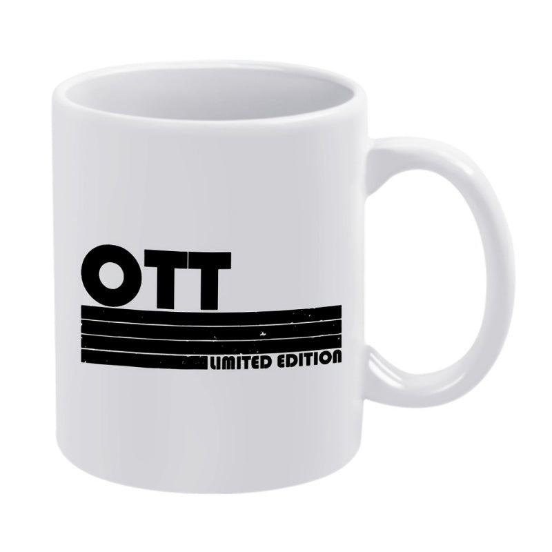 Tailorly White Ceramic 11 oz Mug - OTT Limited Edition Minimalist Bold Black Text With Retro Horizontal Stripes And Distressed Texture Sign