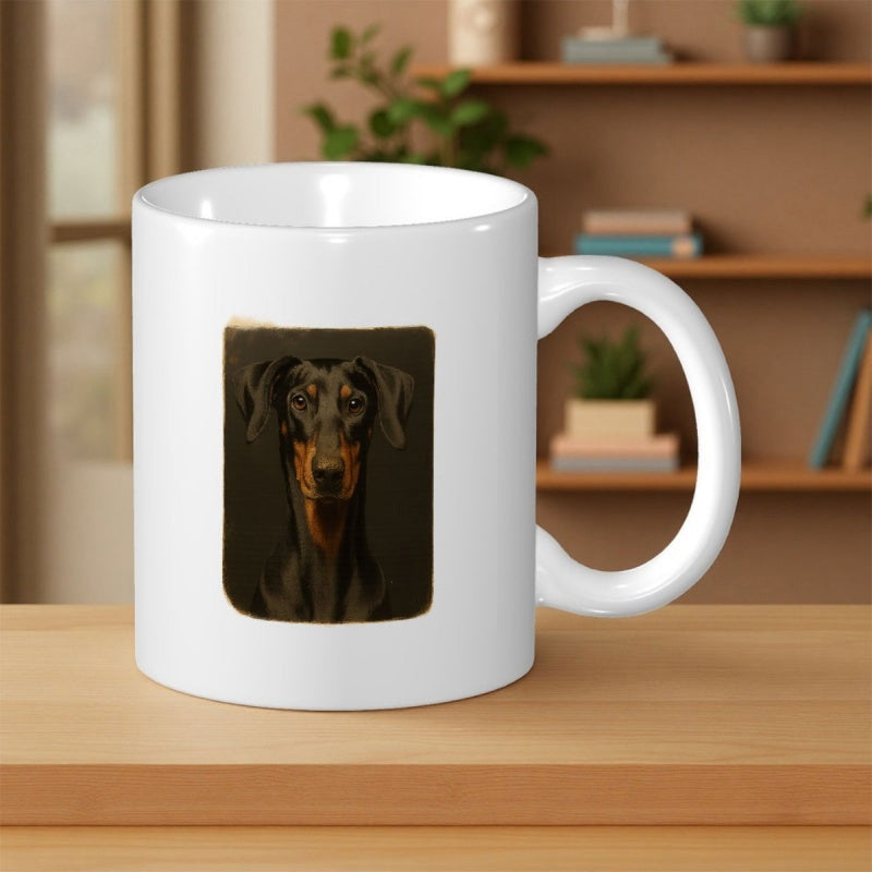 Tailorly White Ceramic 11 oz Mug - Elegant Doberman Portrait Against Dark Background On Ceramic