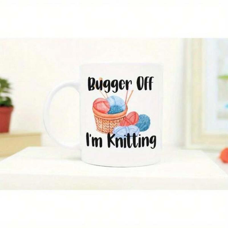Tailorly White Ceramic 11 oz Mug - Bugger Off I'm Knitting Colorful Woolen Yarn Balls Inside Woven Wicker With Sharp Metal Needles Basket