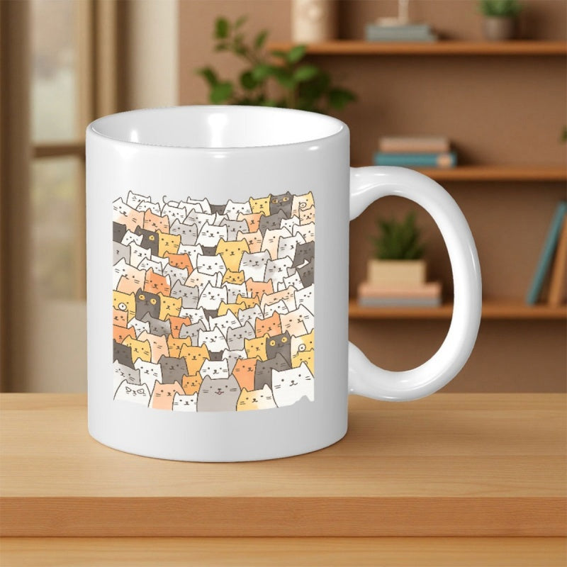 Tailorly White Ceramic 11 oz Mug - Various Colors Of Cute Cartoon Kittens Huddled Together In Pattern Cat
