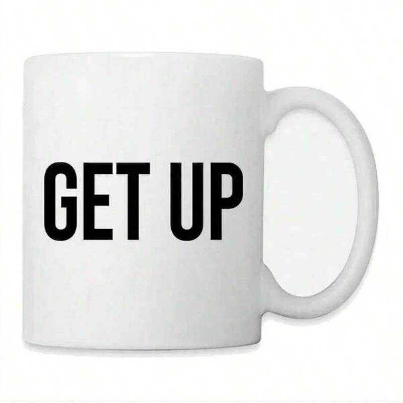Tailorly White Ceramic 11 oz Mug - Get Up Minimalist White Ceramic Vessel Featuring Bold Black Block Sans Serif Lettering Mug