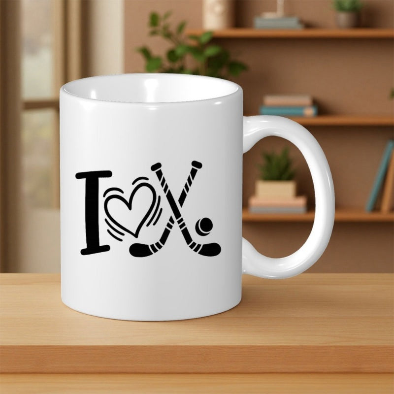 Tailorly White Ceramic 11 oz Mug - I Minimalist Hand Drawn Crossed Hockey Sticks With Puck And Heart Hockey Sticks