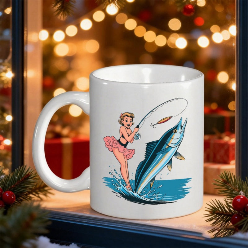 Tailorly White Ceramic 11 oz Mug - Retro Pin Up Girl Catching A Jumping Blue Swordfish From Water Marlin