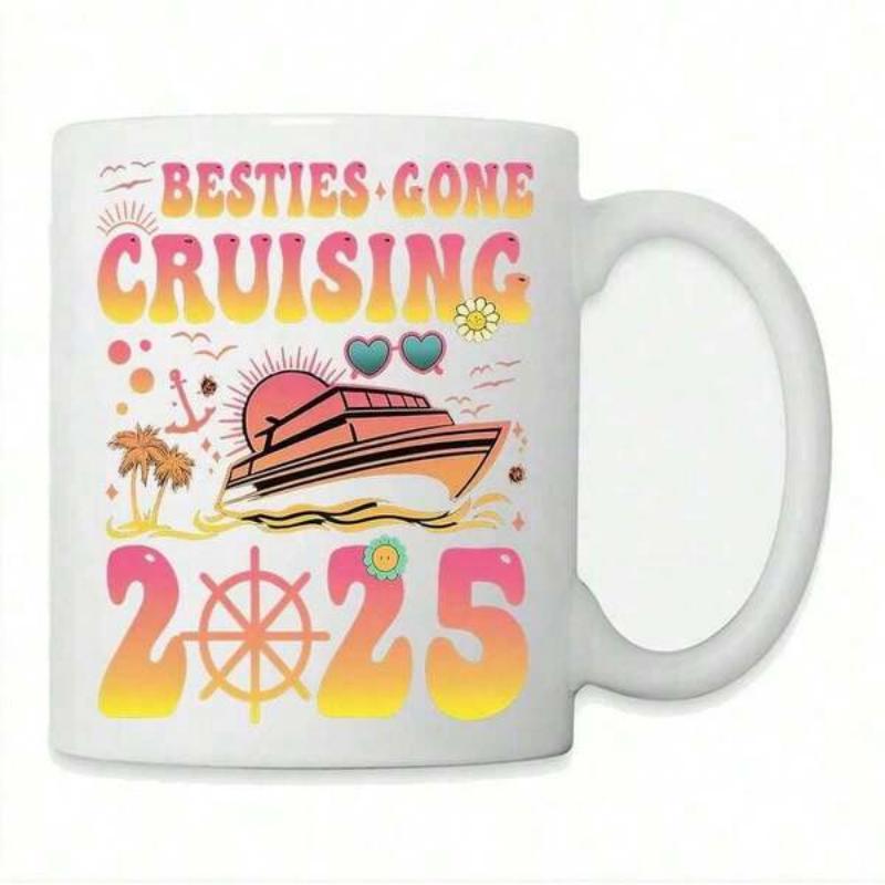 Tailorly White Ceramic 11 oz Mug - Besties Gone Cruising 2025 Retro Sunset Ocean Waves Featuring A Tropical Vacation Ship