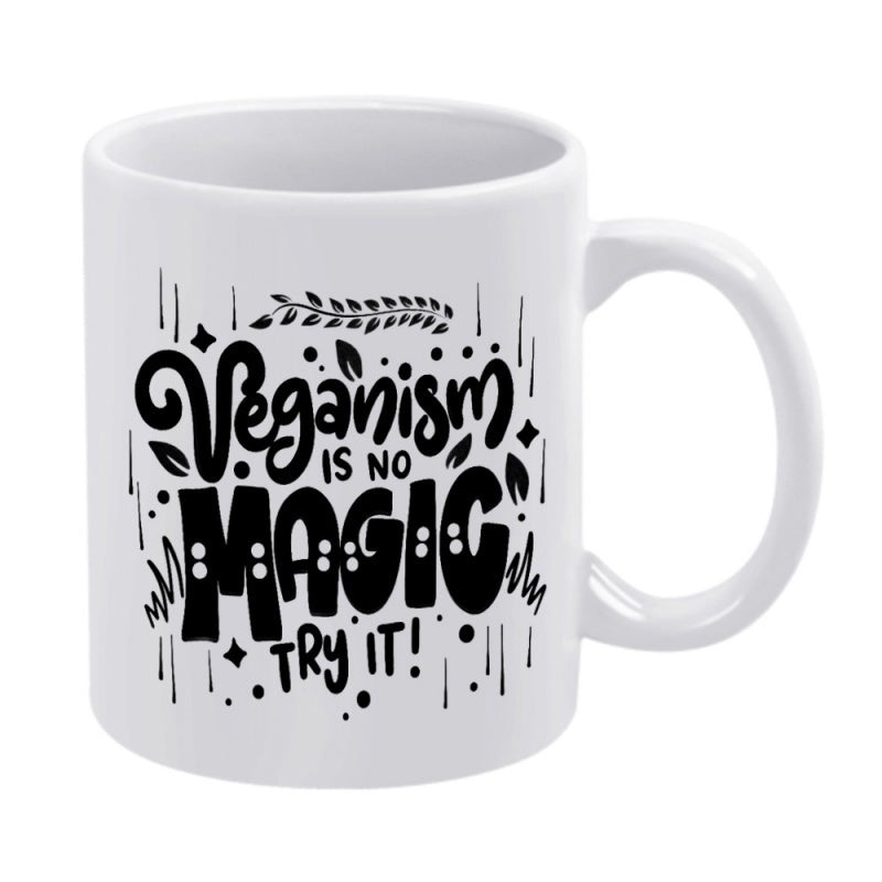 Tailorly White Ceramic 11 oz Mug - Veganism Is No Magic Try It Stylized Hand Drawn Lettering Surrounded By Decorative Leaves And Artistic Accents Mug