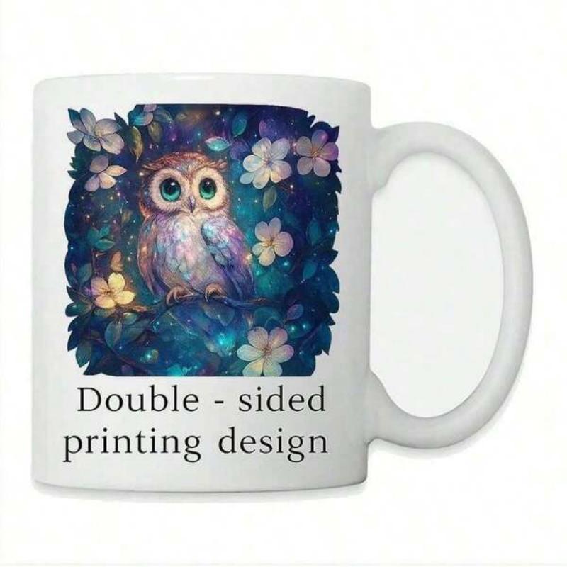 Tailorly White Ceramic 11 oz Mug - Double Sided Printing Design Enchanting Forest With Glowing Flowers Surrounding A Cute Staring Owl