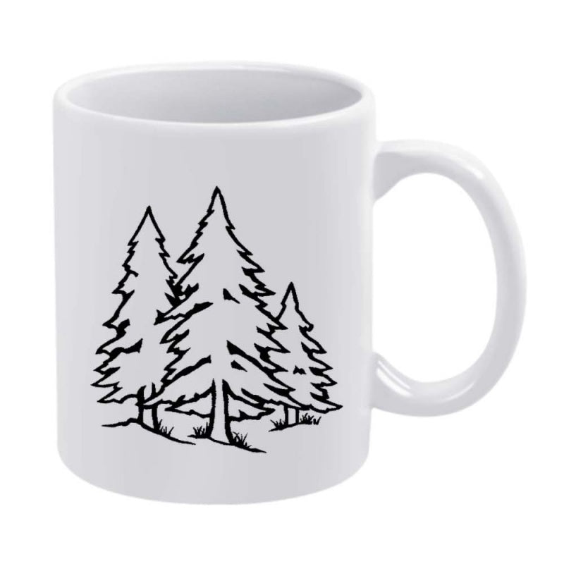 Tailorly White Ceramic 11 oz Mug - Hand Drawn Minimalist Sketch Of Three Tall Evergreen Forest Pine Tree