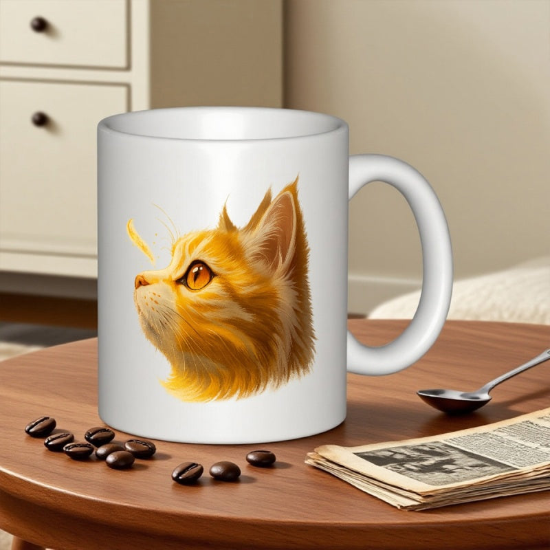 Tailorly White Ceramic 11 oz Mug - Vibrant Profile Of An Orange Ginger Tabby Looking Upwards With Intense Eyes Cat
