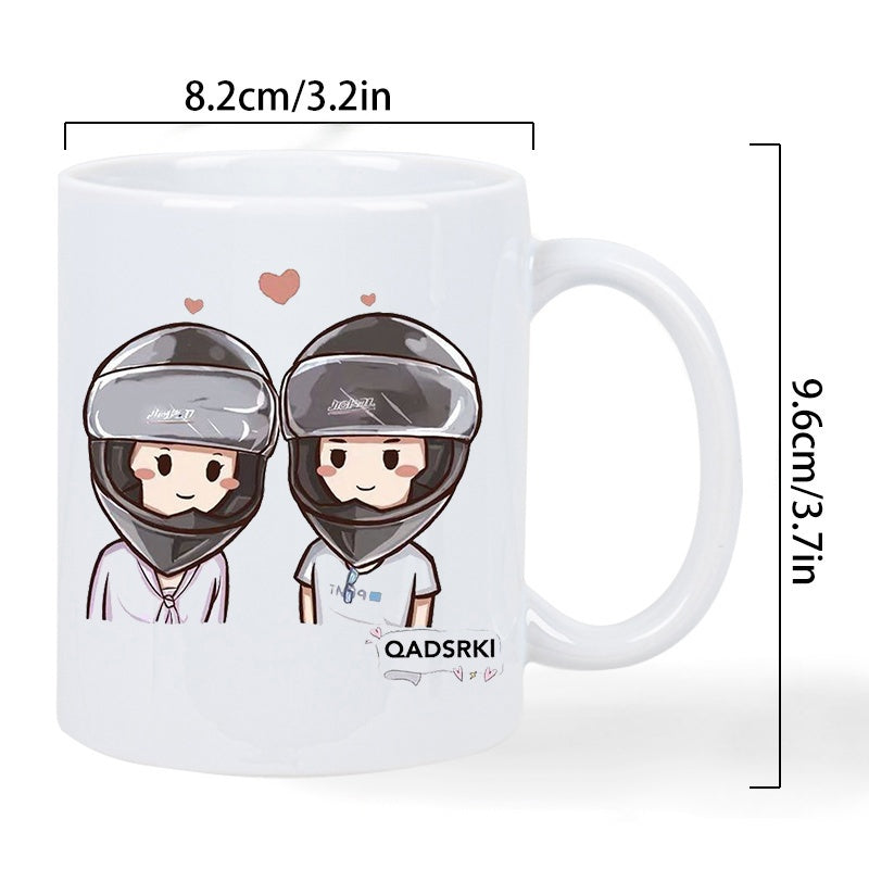 Tailorly White Ceramic 11 oz Mug - Qadsrki Adorable Cartoon Characters Wearing Protective Black Helmets Beneath Floating Tiny Hearts Couple