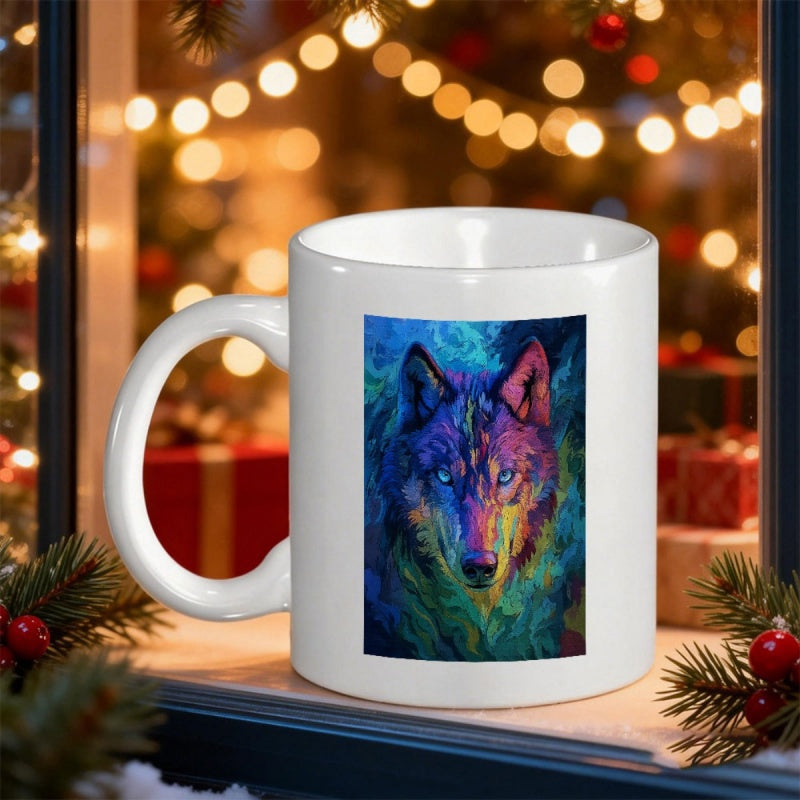 Tailorly White Ceramic 11 oz Mug - Artistic Colorful Portrait With Vibrant Swirling Neon Tones And Piercing Eyes Wolf