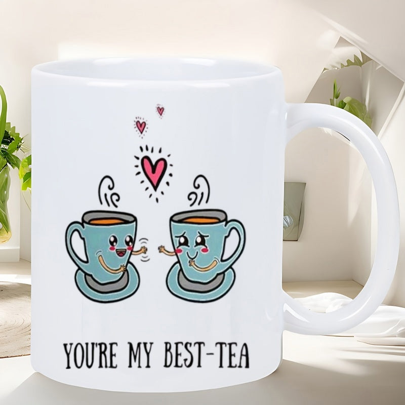 Tailorly White Ceramic 11 oz Mug - Youre My Best Tea Adorable Blue Cartoon Cups Smiling Together Under Tiny Pink Hearts Mug