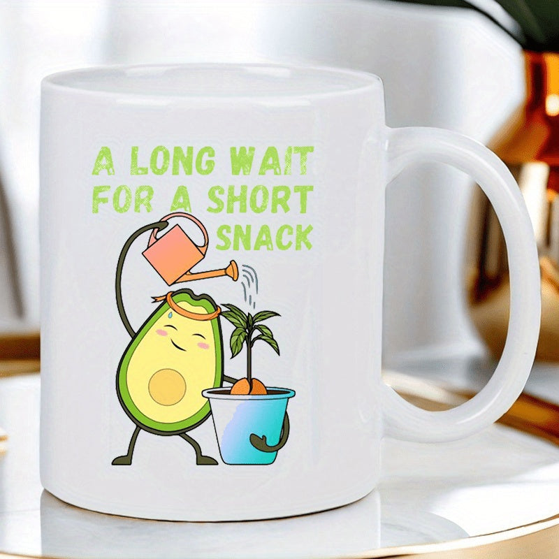 Tailorly White Ceramic 11 oz Mug - A Long Wait For A Short Snack Cute Cartoon Character Watering Seedling Inside Small Blue Pot Avocado