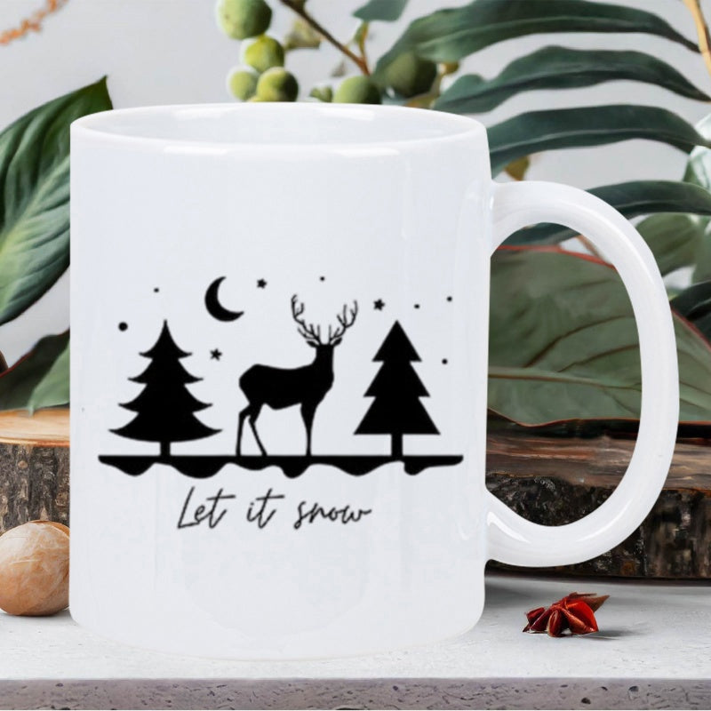 Tailorly White Ceramic 11 oz Mug - Let It Snow Silhouetted Forest Scene With Pine Trees Under Crescent Moon Deer