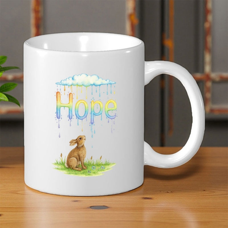 Tailorly White Ceramic 11 oz Mug - Hope Gentle Watercolor Bunny Looking Up Towards The Magical Colorful Cloud Rabbit