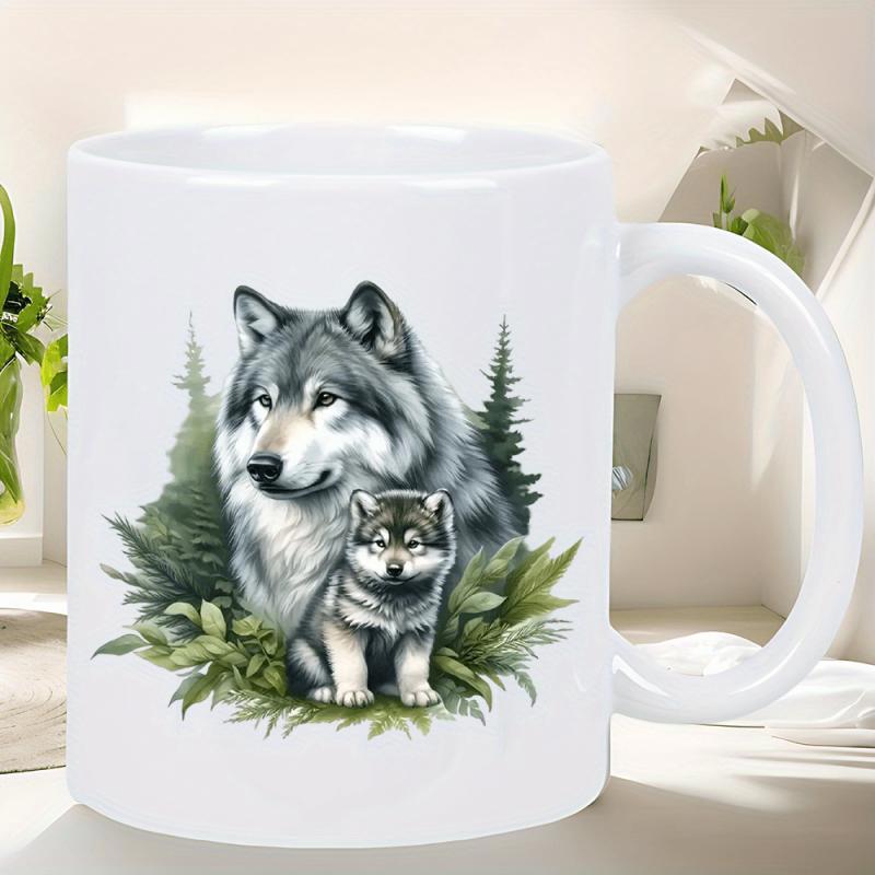 Tailorly White Ceramic 11 oz Mug - Majestic Wild Mother And Cub Resting Within Lush Green Pine Forest Wolf