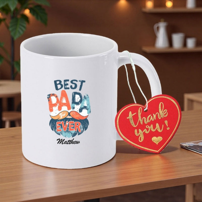 Tailorly White Ceramic 11 oz Mug - Best Papa Ever Matthew Stylized Patterned Mustache Above A Thick Blue Textured Beard