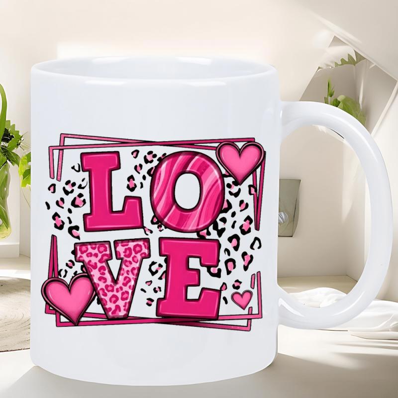 Tailorly White Ceramic 11 oz Mug - Love Vibrant Pink Leopard Print Pattern With Artistic Hearts Framing Elegant Heart