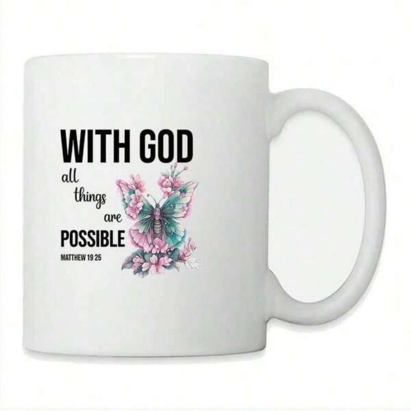 Tailorly White Ceramic 11 oz Mug - With God All Things Are Possible Matthew 19 26 Delicate Blue Butterfly Surrounded By Soft Pink Flowers Butterfly