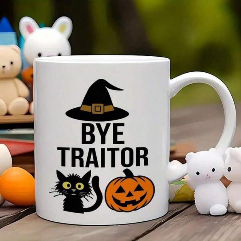 Tailorly White Ceramic 11 oz Mug - Bye Traitor Spooky Black Cat With Witch Hat Beside A Glowing Halloween Pumpkin